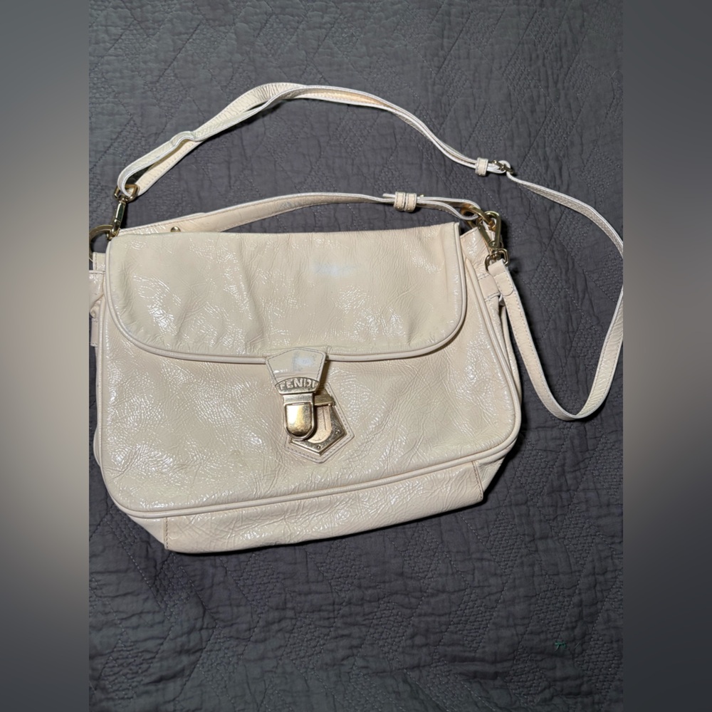 Authentic Fendi Patent Leather Cream Crossbody Bag with Adjustable Strap
